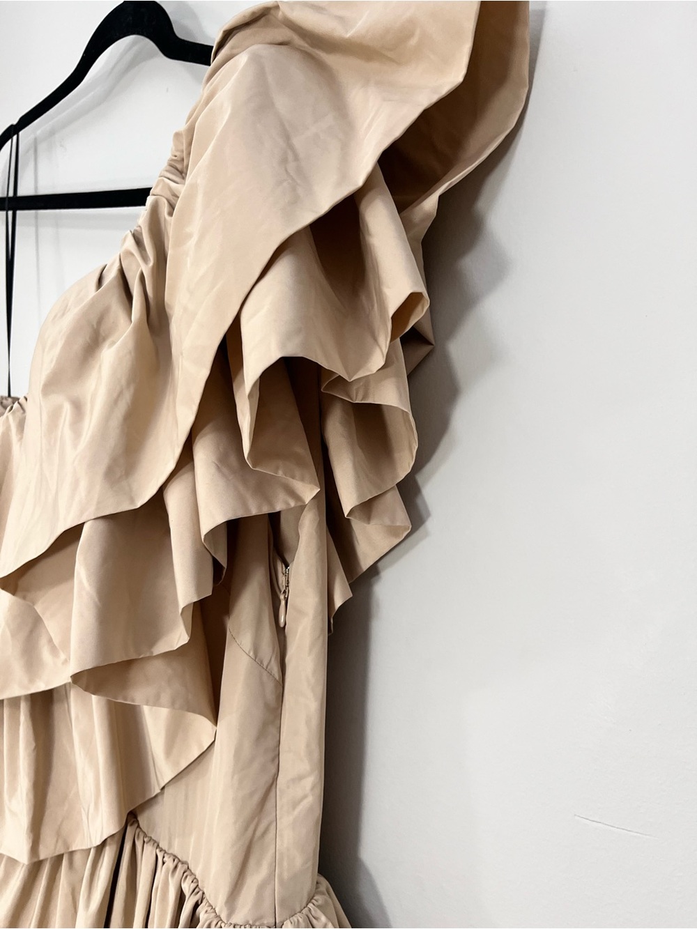 One-Shoulder Tiered Ruffle Mini Dress in Beige - Picture 8 of 11